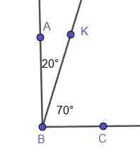 Построение прямого угла ABC, разделенного лучом BK на углы ABK (20 градусов) и KBC (70 градусов)