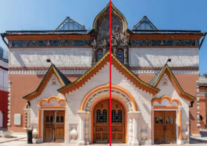 Фасад Третьяковской галереи с отмеченной вертикальной осью симметрии